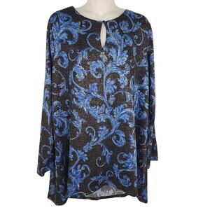 Susan Graver Top XL Printed Lurex Sweater Knit Blue Shine Dressy Party Modern